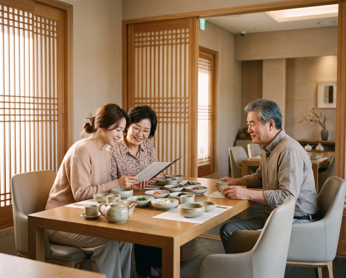 한식당 룸에서 딸과 어머니가 함께 메뉴판을 보며 웃고, 아버지가 맞은편 의자에 앉아 미소 짓는 모습